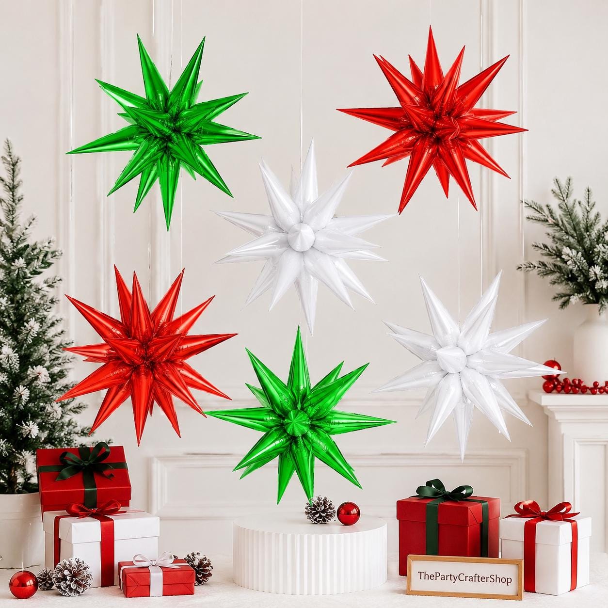 72PCS Mexican Independence Day Star Balloons, Red Green White Foil Spike Balloons, 26 Inch Explosion Star Cone Balloons, Mexico Fiesta Decor