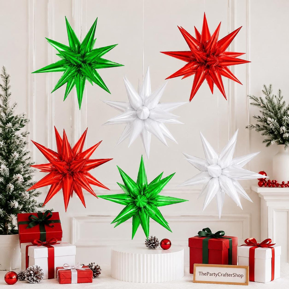 72PCS Mexican Independence Day Star Balloons, Red Green White Foil Spike Balloons, 26 Inch Explosion Star Cone Balloons, Mexico Fiesta Decor