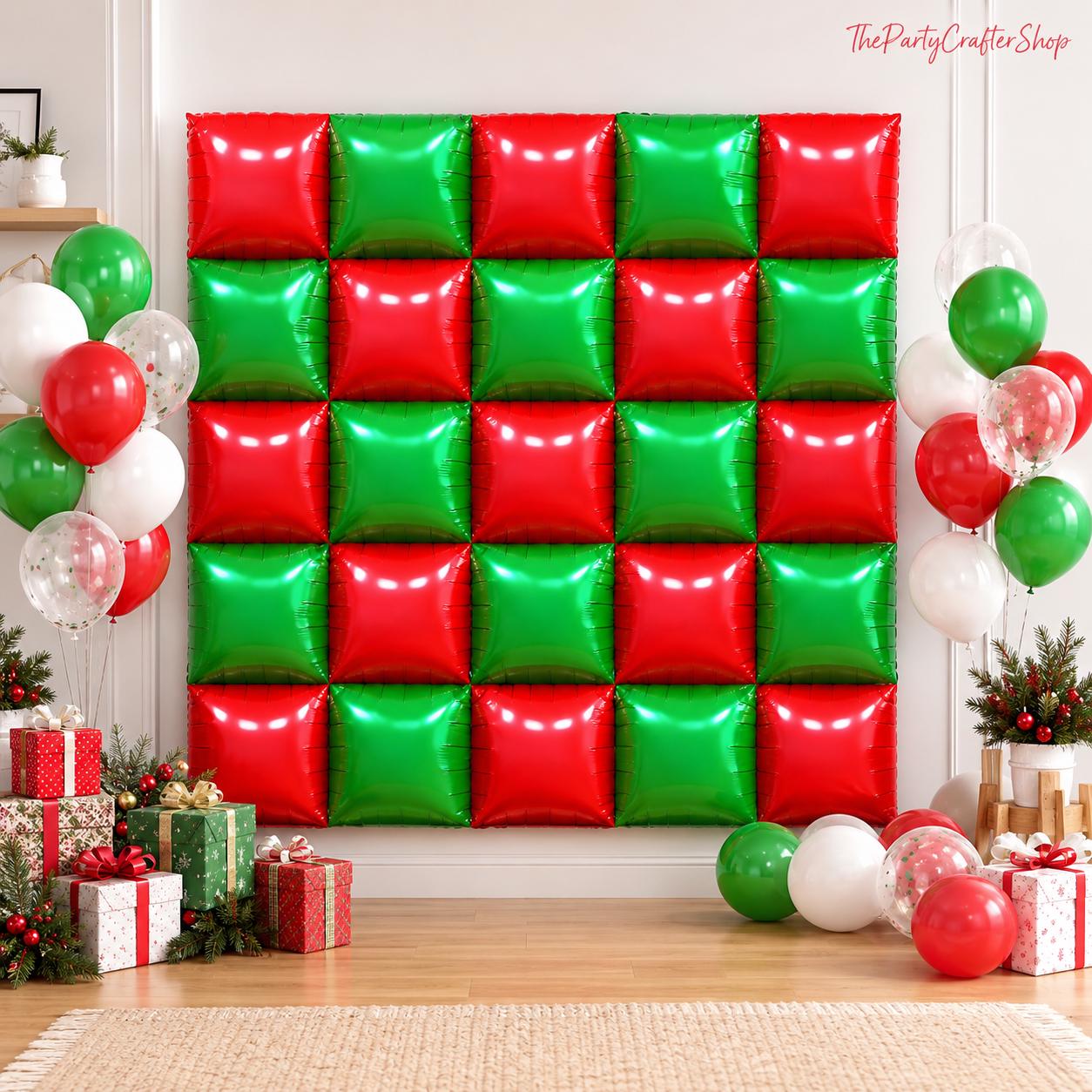 25PCS Mexican Independence Day Square Foil Balloons, Red Green Metallic Garland Kit