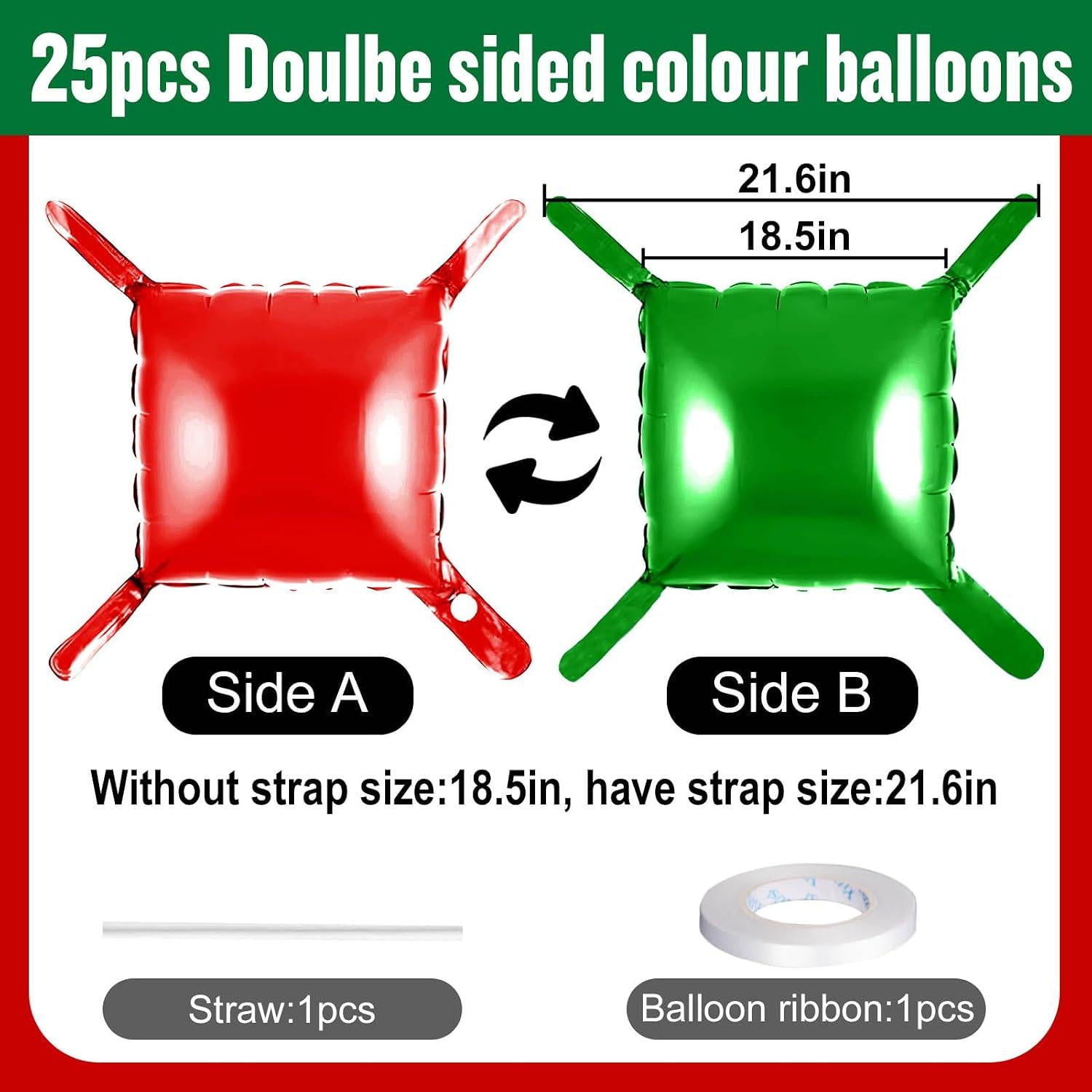 25PCS Mexican Independence Day Square Foil Balloons, Red Green Metallic Garland Kit