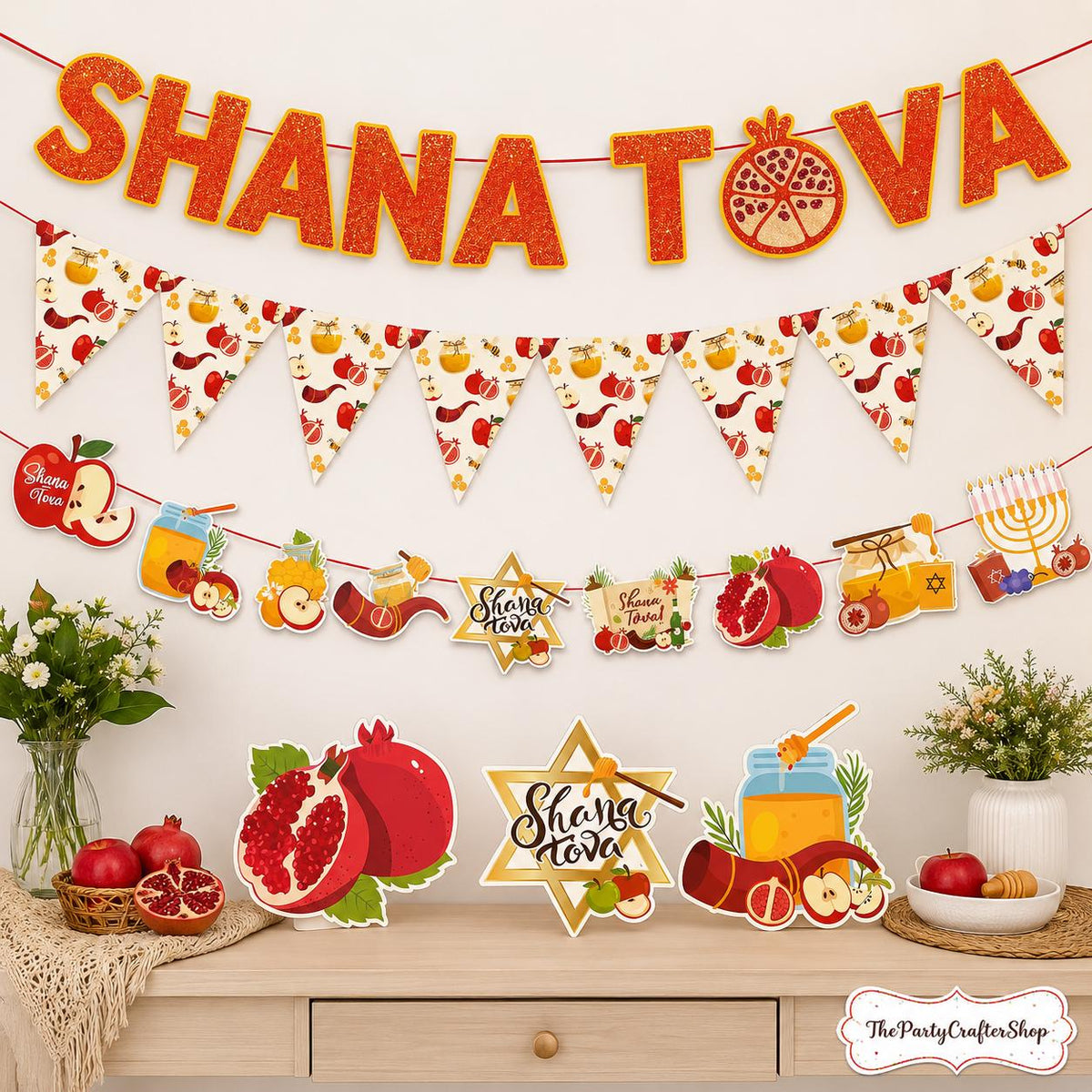 Shana Tova Banner Set, Pomegranate Pennant Bunting, Jewish Holiday Decor (3 Piece)