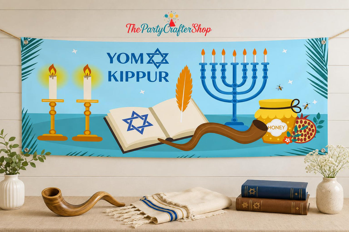 Yom Kippur Holiday Banner, Jewish Festival Backdrop, Party Photo Booth Decor (70x35 Inch)