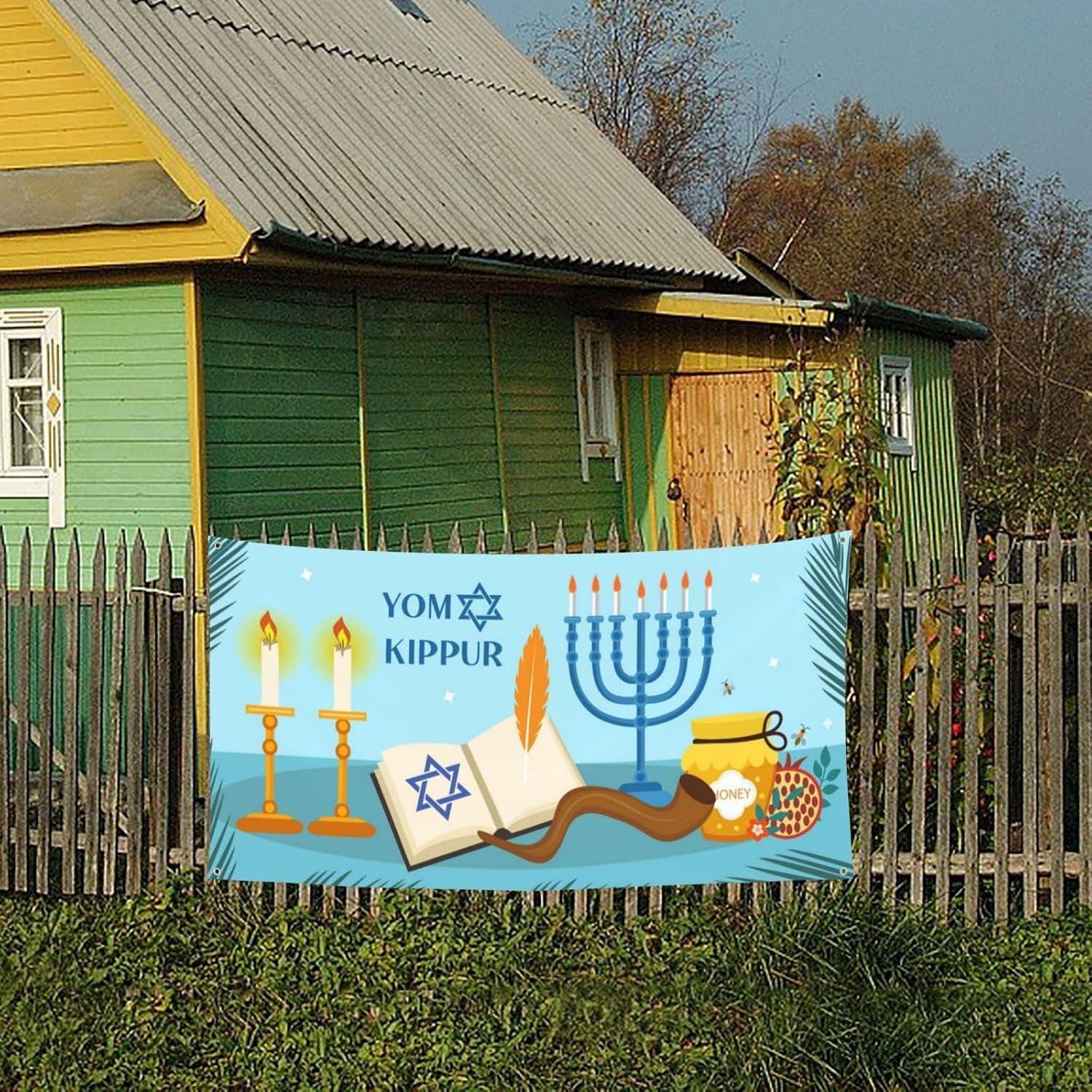 Yom Kippur Holiday Banner, Jewish Festival Backdrop, Party Photo Booth Decor (70x35 Inch)