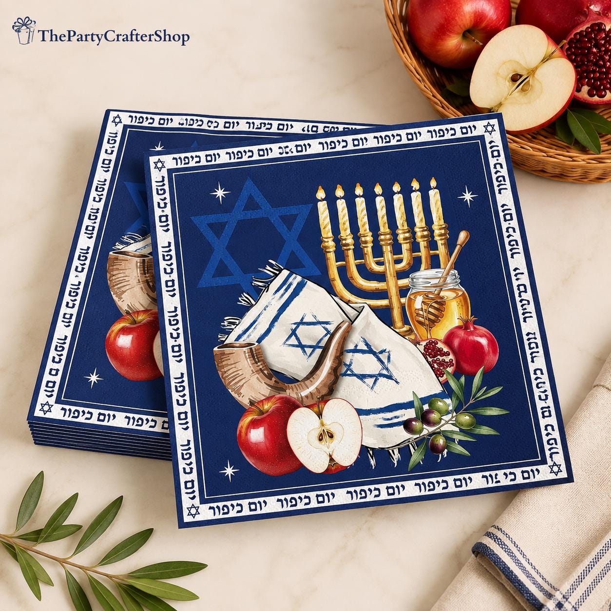 Yom Kippur Napkins, Jewish Holiday Table Decor, Star of David, Menorah (100 Pack)
