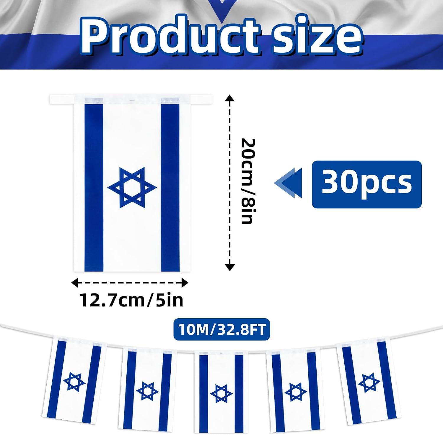 Israel Flag Banner, 30 Piece Blue White String Flags, Yom HaAtzmaut Parade Decor