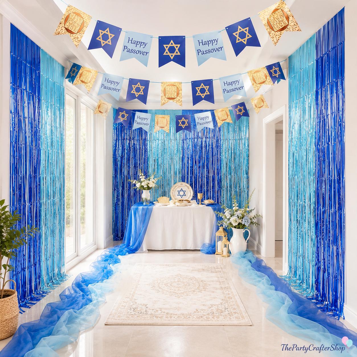 Hanukkah Party Decorations, Blue Foil Fringe Curtains, Gauze Tablecloth, Menorah Banner Kit