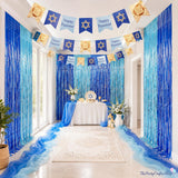 Hanukkah Party Decorations, Blue Foil Fringe Curtains, Gauze Tablecloth, Menorah Banner Kit