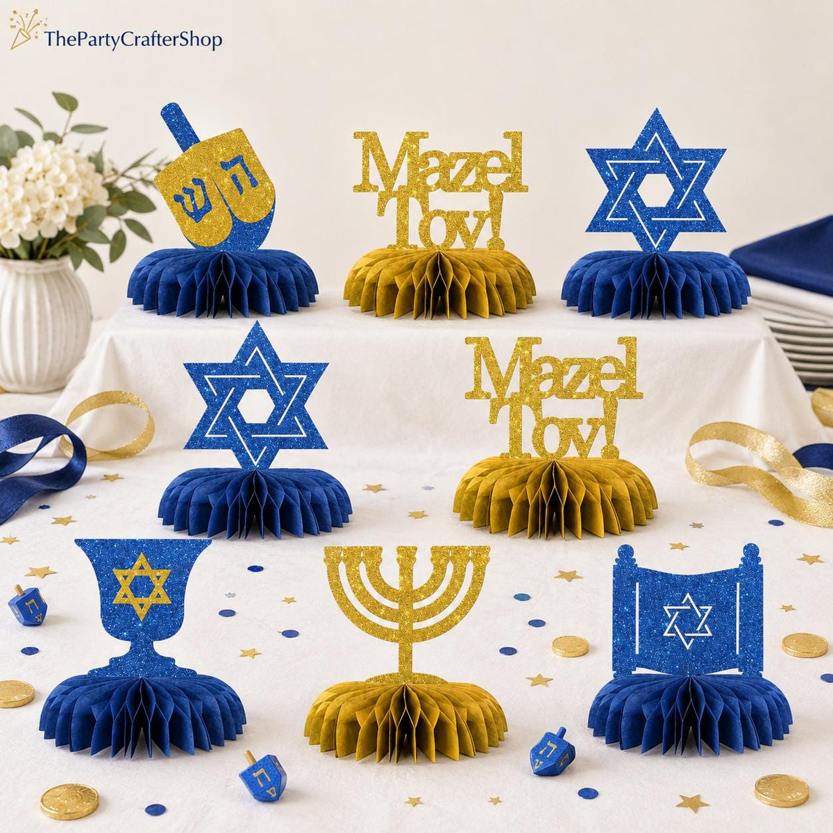 Hanukkah Honeycomb Centerpieces, Glitter Mazel Tov, Star of David, Menorah, Dreidel (8 Piece Set)