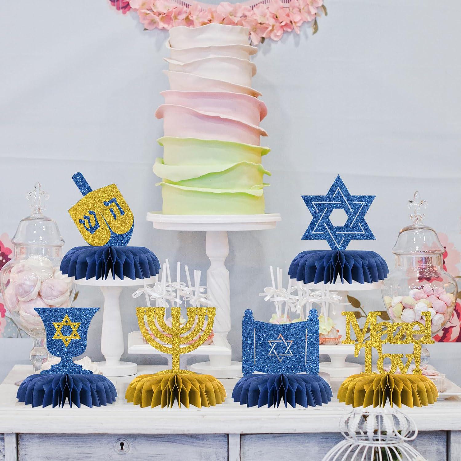 Hanukkah Honeycomb Centerpieces, Glitter Mazel Tov, Star of David, Menorah, Dreidel (8 Piece Set)