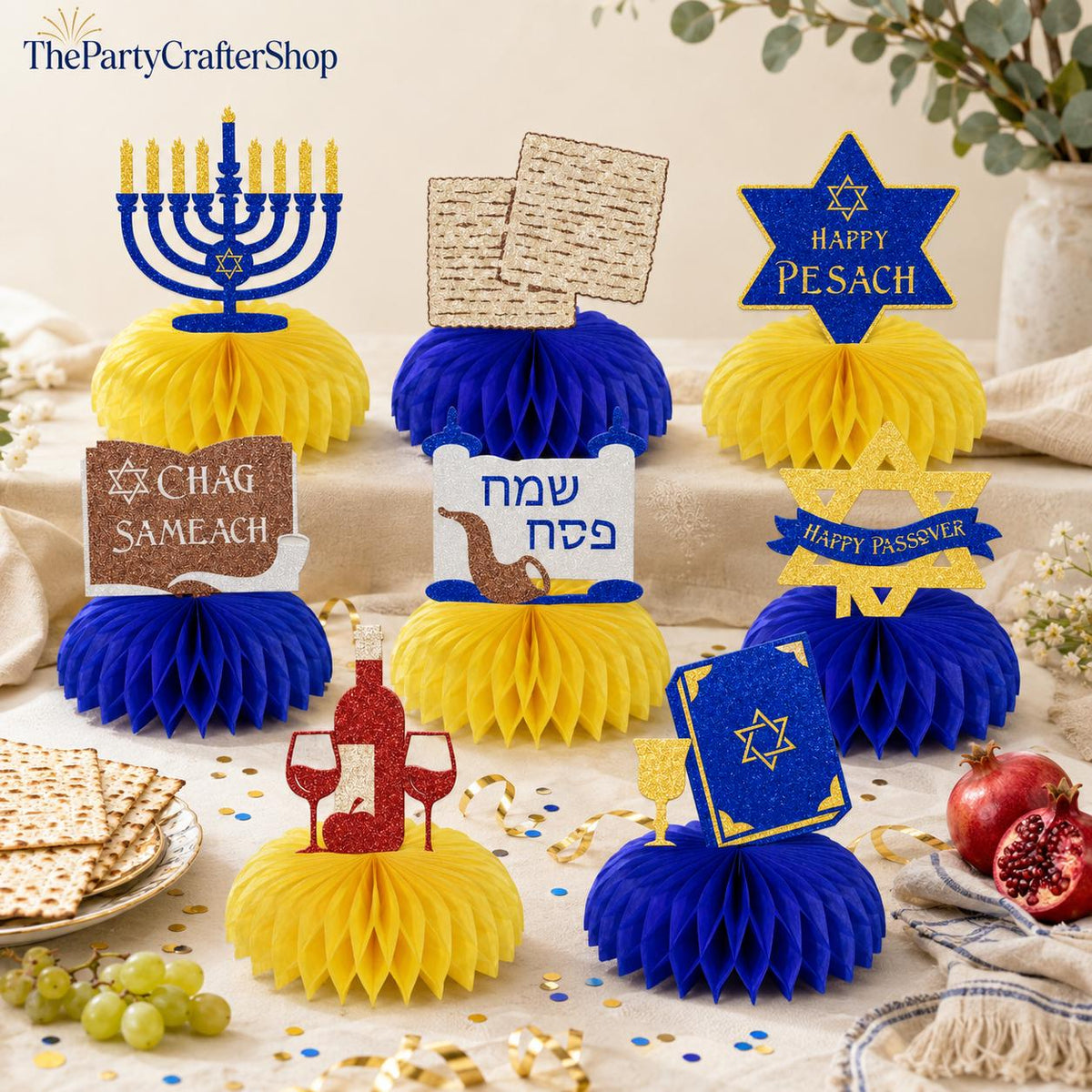 Passover Honeycomb Centerpieces, 8-Piece Seder Table Decor Set (Cardstock & Paper)