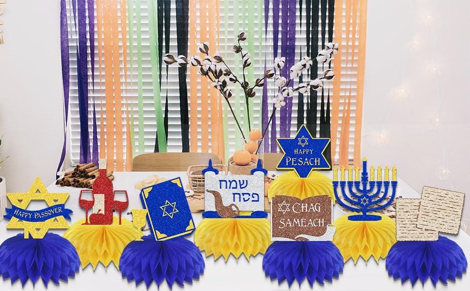 Passover Honeycomb Centerpieces, 8-Piece Seder Table Decor Set (Cardstock & Paper)
