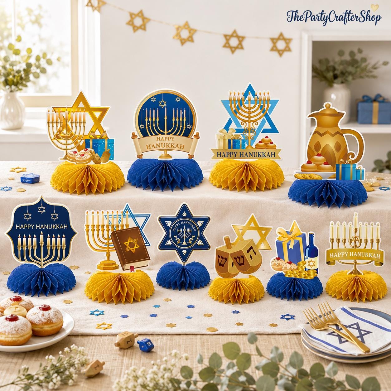 Hanukkah Honeycomb Centerpieces, Blue Gold Table Decor (10 Piece Set)