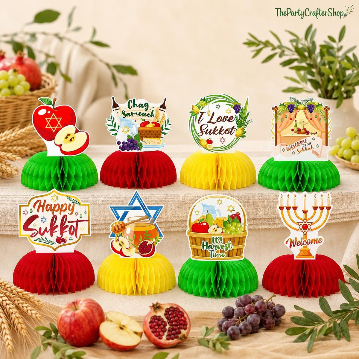 Sukkot Honeycomb Centerpieces, 9-Piece Harvest Table Decorations (Paper)