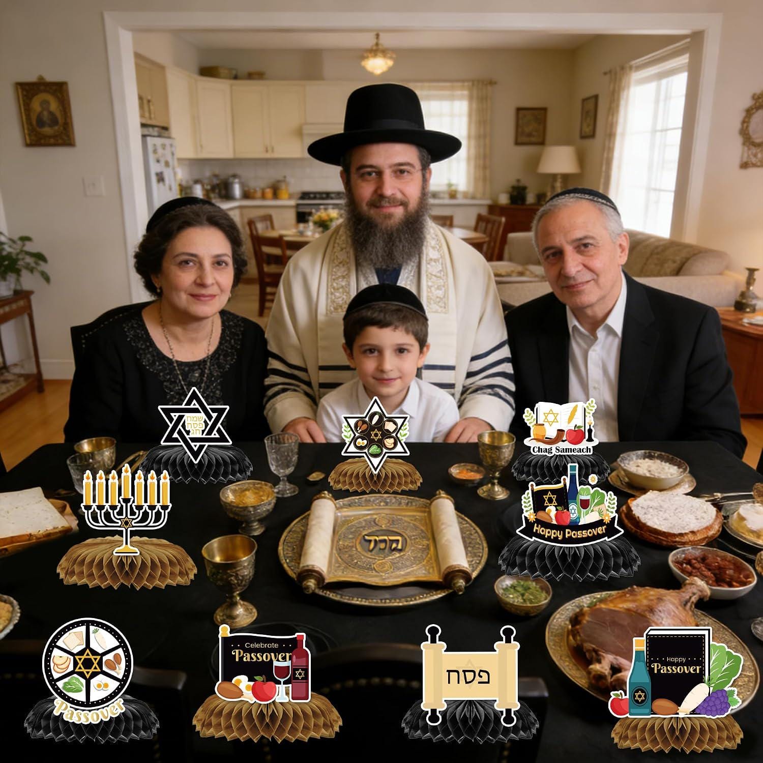 Passover Honeycomb Centerpieces, 9-Piece Set, Black Gold Beige, Star of David Pesach Decor