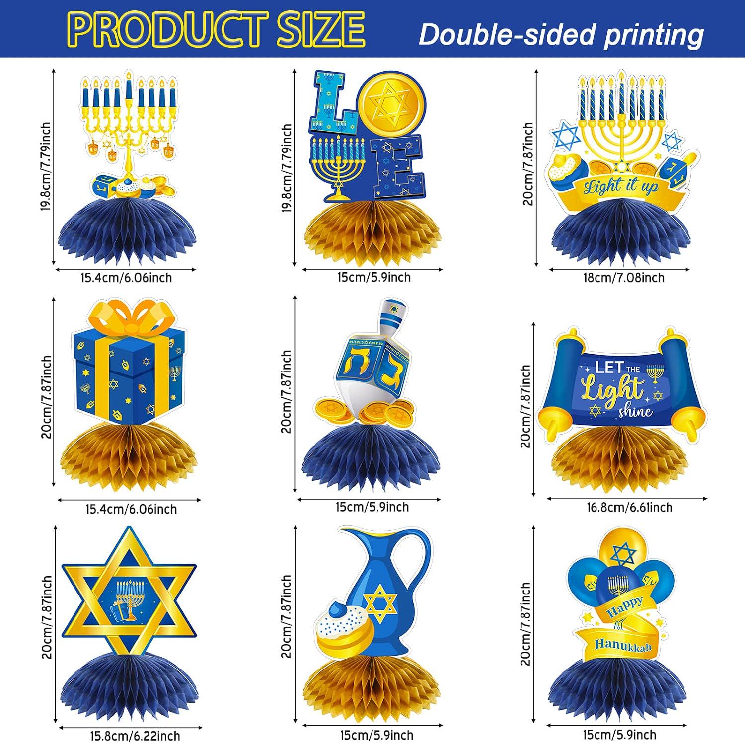 Hanukkah Honeycomb Centerpieces, 9-Piece Set, Blue Gold Table Decorations