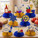 Passover Honeycomb Centerpieces, 8-Piece Set, Festive Table Decorations (Gold & Blue)
