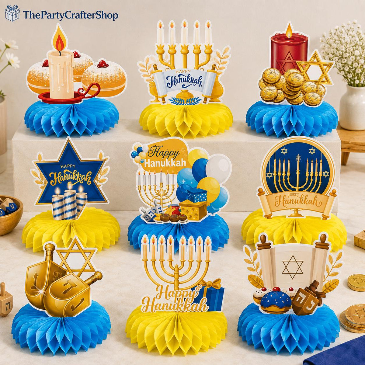 9-Piece Hanukkah Honeycomb Centerpieces, Menorah Dreidel Table Toppers (Blue Gold)