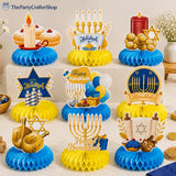 9-Piece Hanukkah Honeycomb Centerpieces, Menorah Dreidel Table Toppers (Blue Gold)