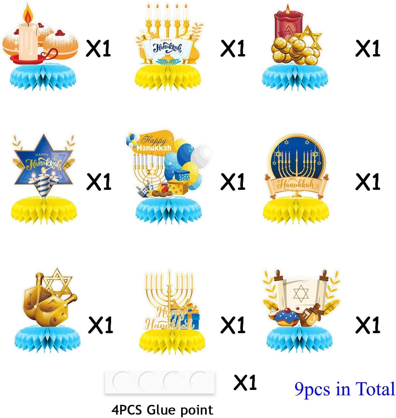 9-Piece Hanukkah Honeycomb Centerpieces, Menorah Dreidel Table Toppers (Blue Gold)