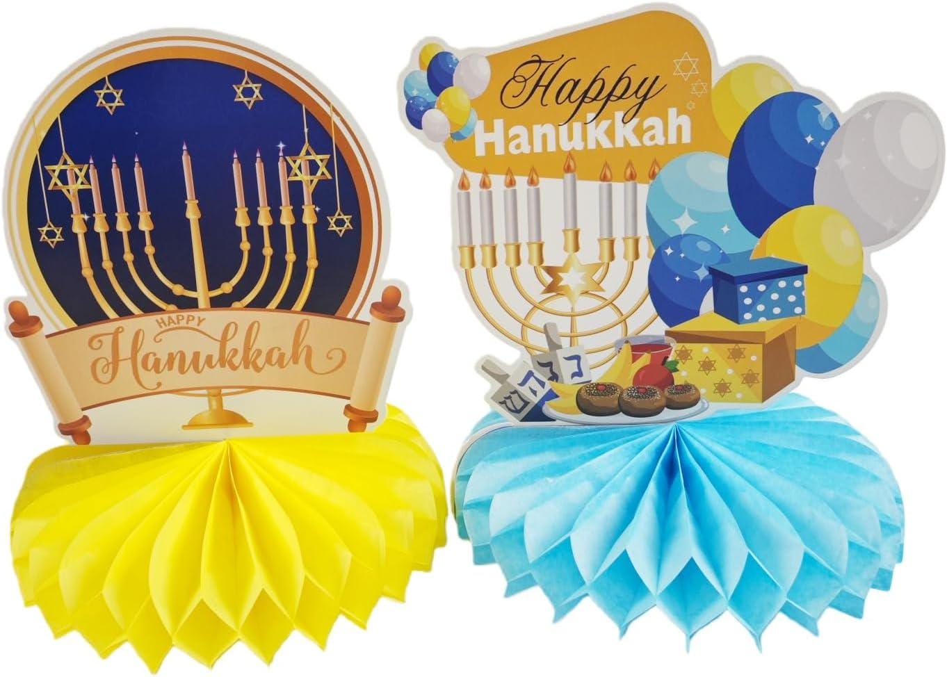 9-Piece Hanukkah Honeycomb Centerpieces, Menorah Dreidel Table Toppers (Blue Gold)