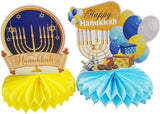 9-Piece Hanukkah Honeycomb Centerpieces, Menorah Dreidel Table Toppers (Blue Gold)