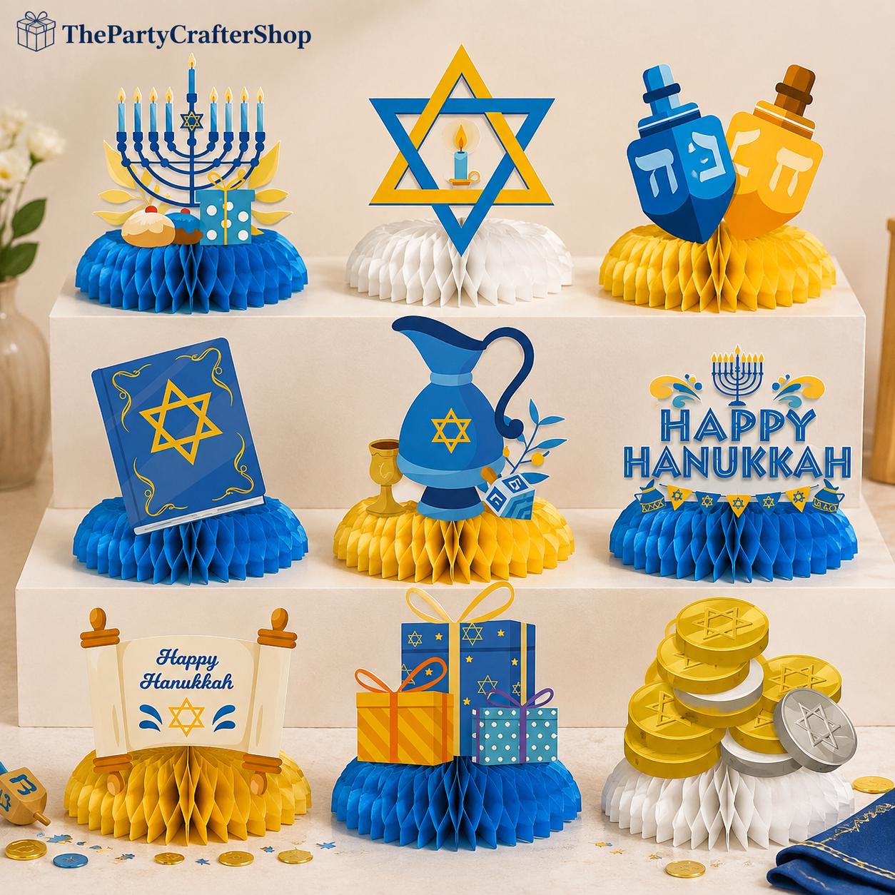 Hanukkah Honeycomb Centerpieces, 9-Piece Set, Menorah, Dreidel, Stars (Cardstock)