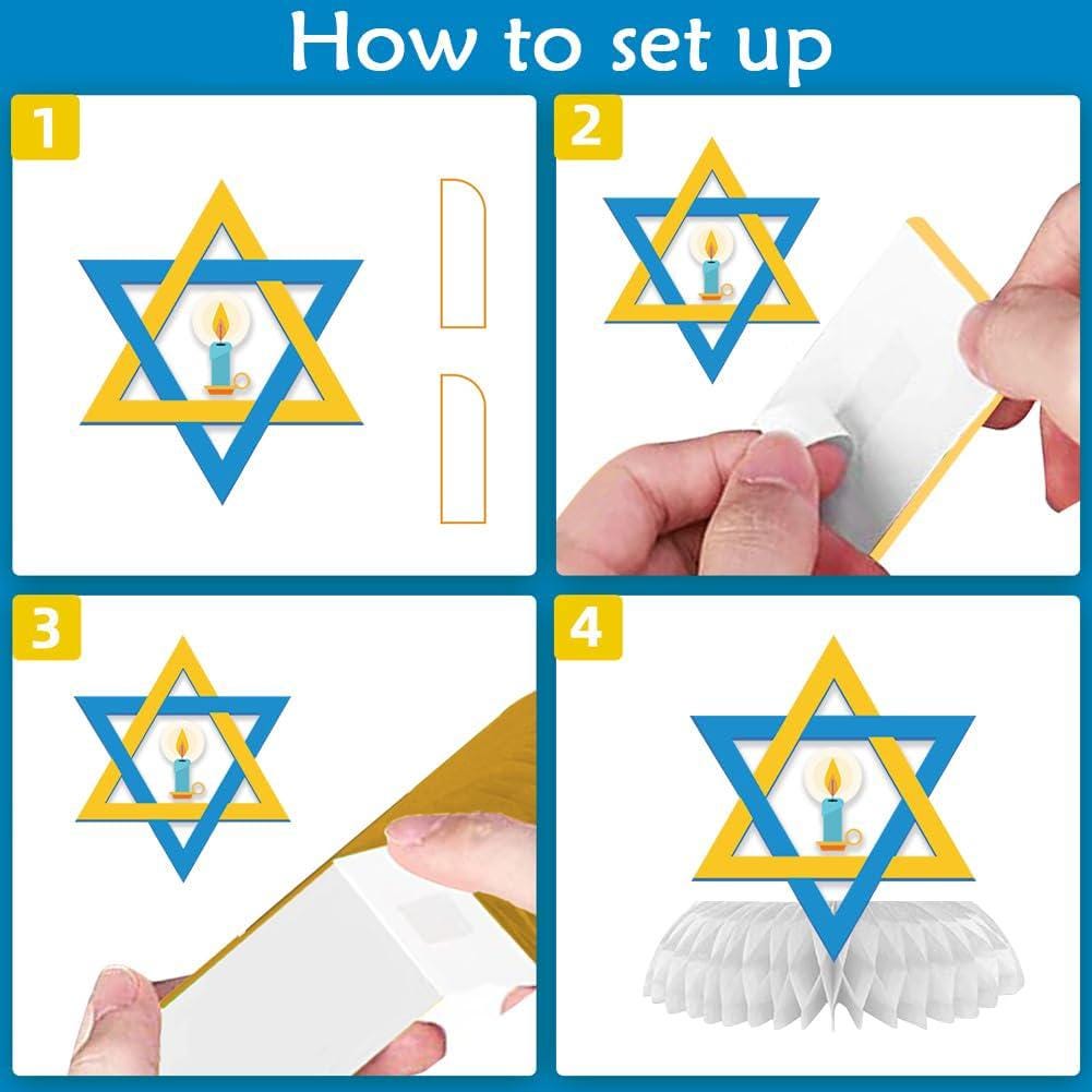 Hanukkah Honeycomb Centerpieces, 9-Piece Set, Menorah, Dreidel, Stars (Cardstock)