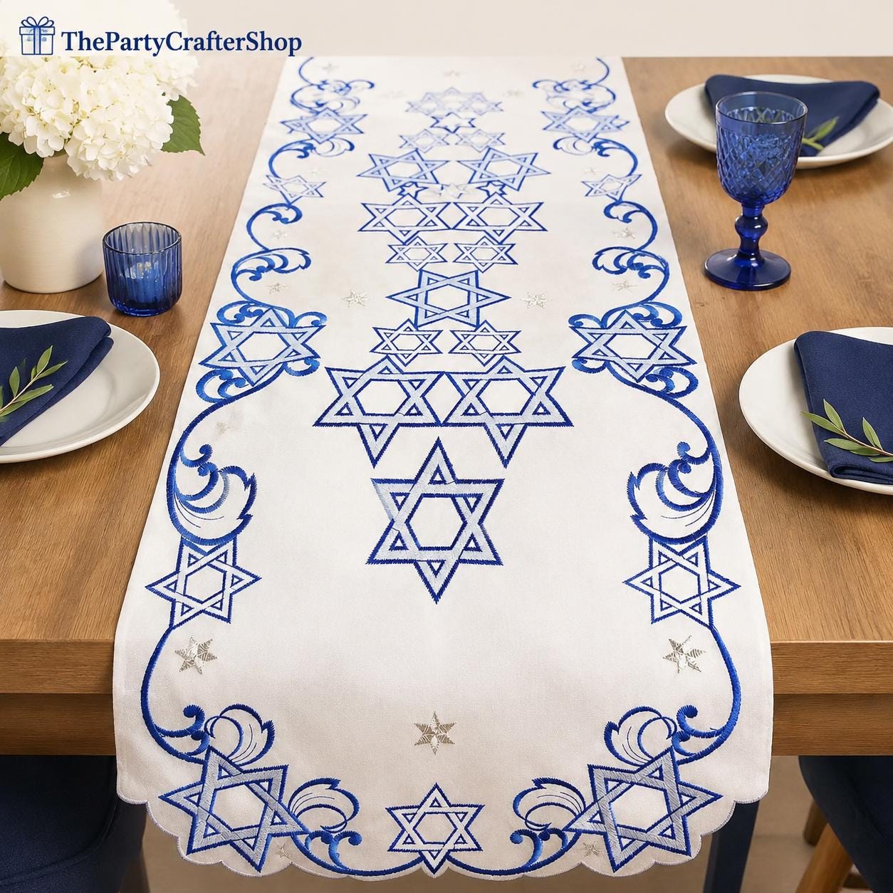 Embroidered Star of David Table Runner, Blue White Judaica Cutwork, 16x66 Inch