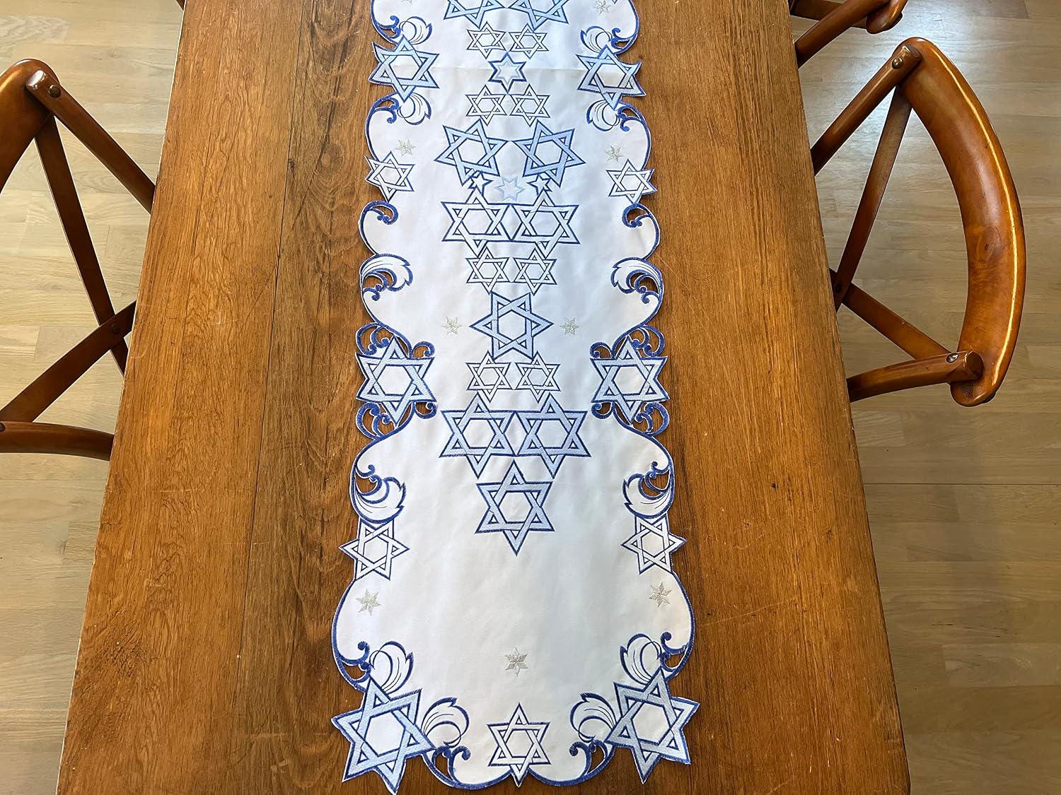 Embroidered Star of David Table Runner, Blue White Judaica Cutwork, 16x66 Inch