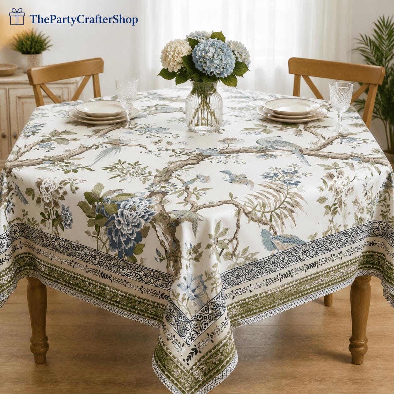 Chinoiserie Floral Tablecloth, 54 Inch Square, Sage Green Blue Bird Tree Pattern (Washable)