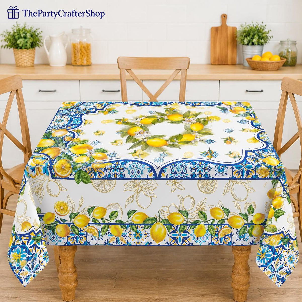 Lemon Tile Tablecloth, Mediterranean Summer Decor, 60x84 Inch Rectangle Cover