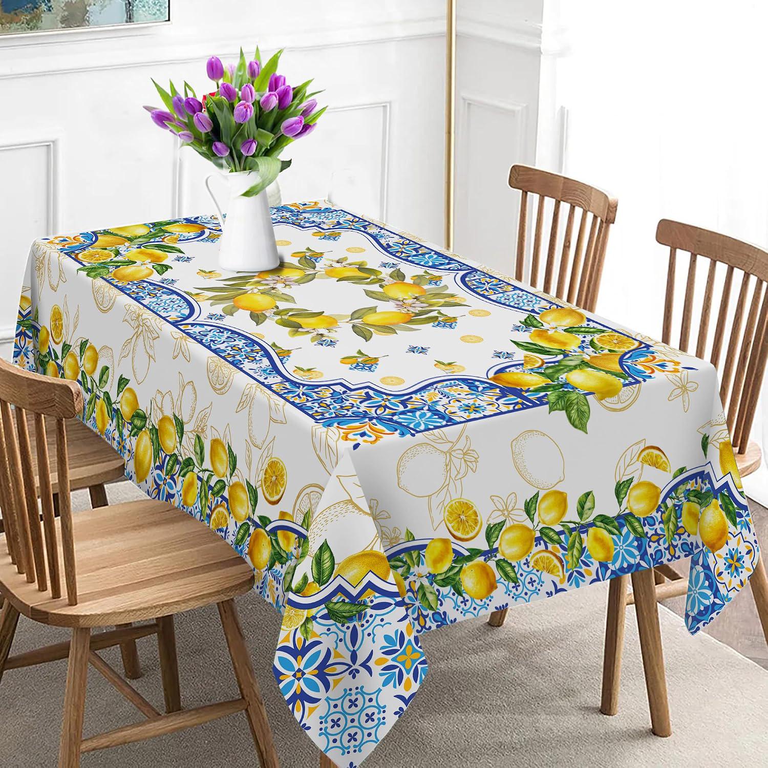 Lemon Tile Tablecloth, Mediterranean Summer Decor, 60x84 Inch Rectangle Cover