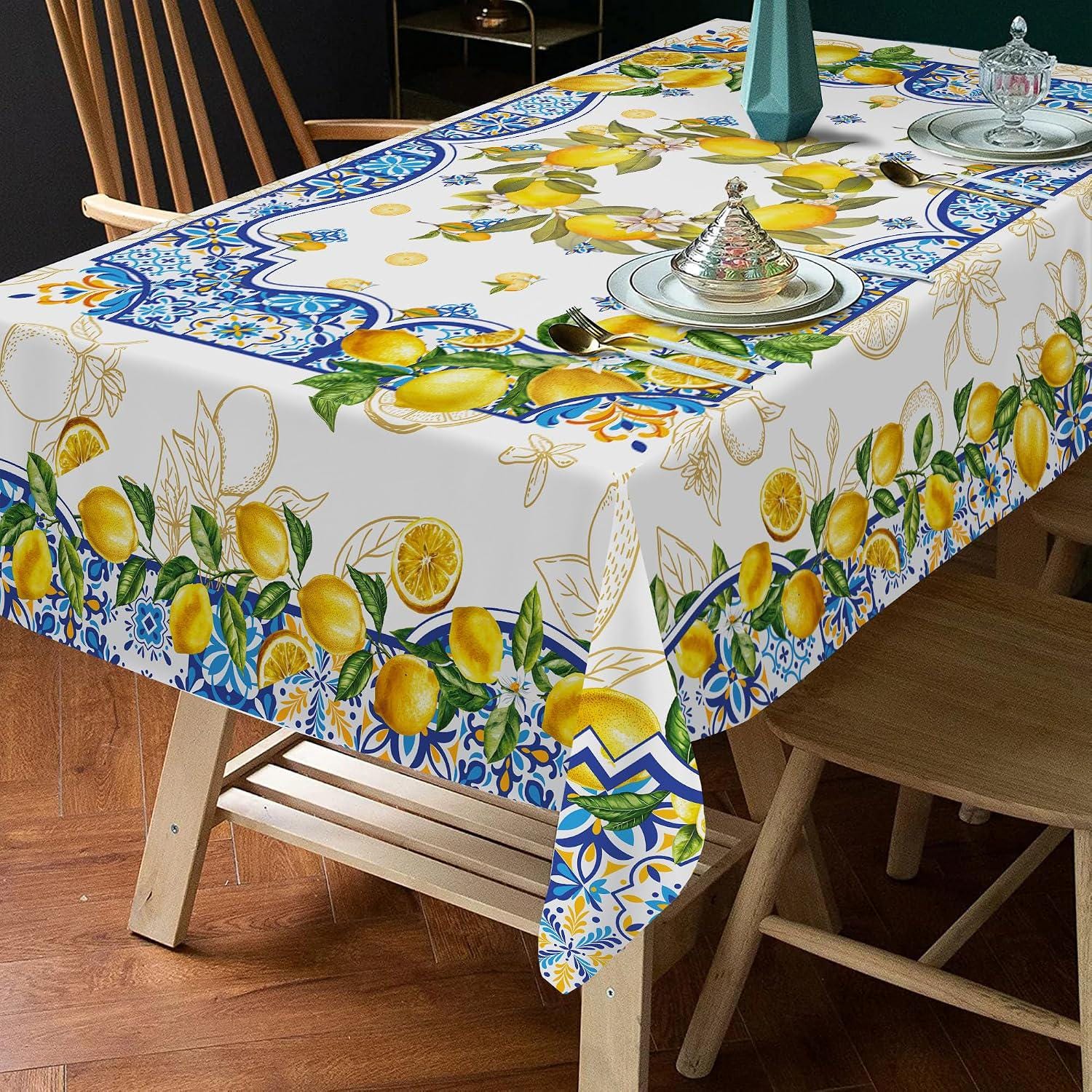 Lemon Tile Tablecloth, Mediterranean Summer Decor, 60x84 Inch Rectangle Cover