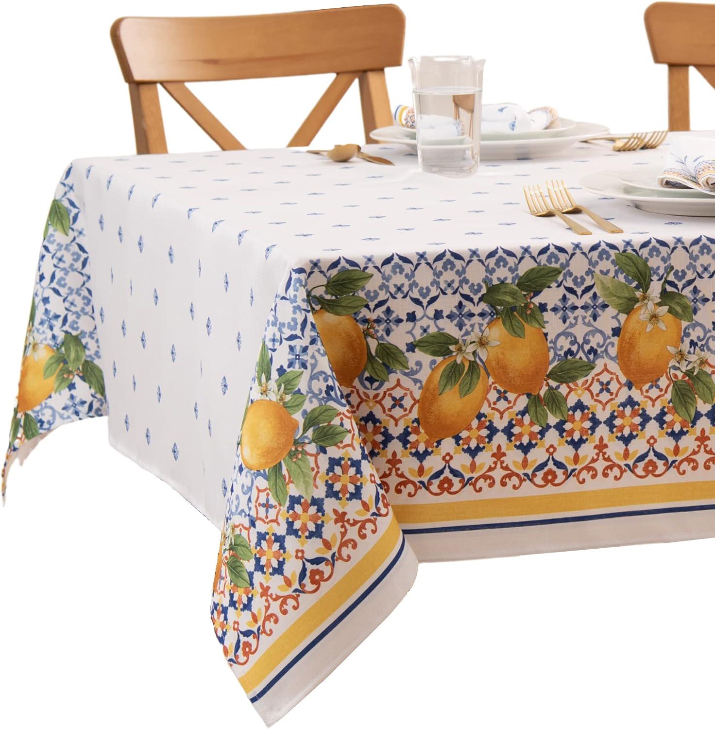 Mediterranean Lemon Tablecloth, Double Border Citrus Floral, 60x120 Inch Polyester Dining Cover