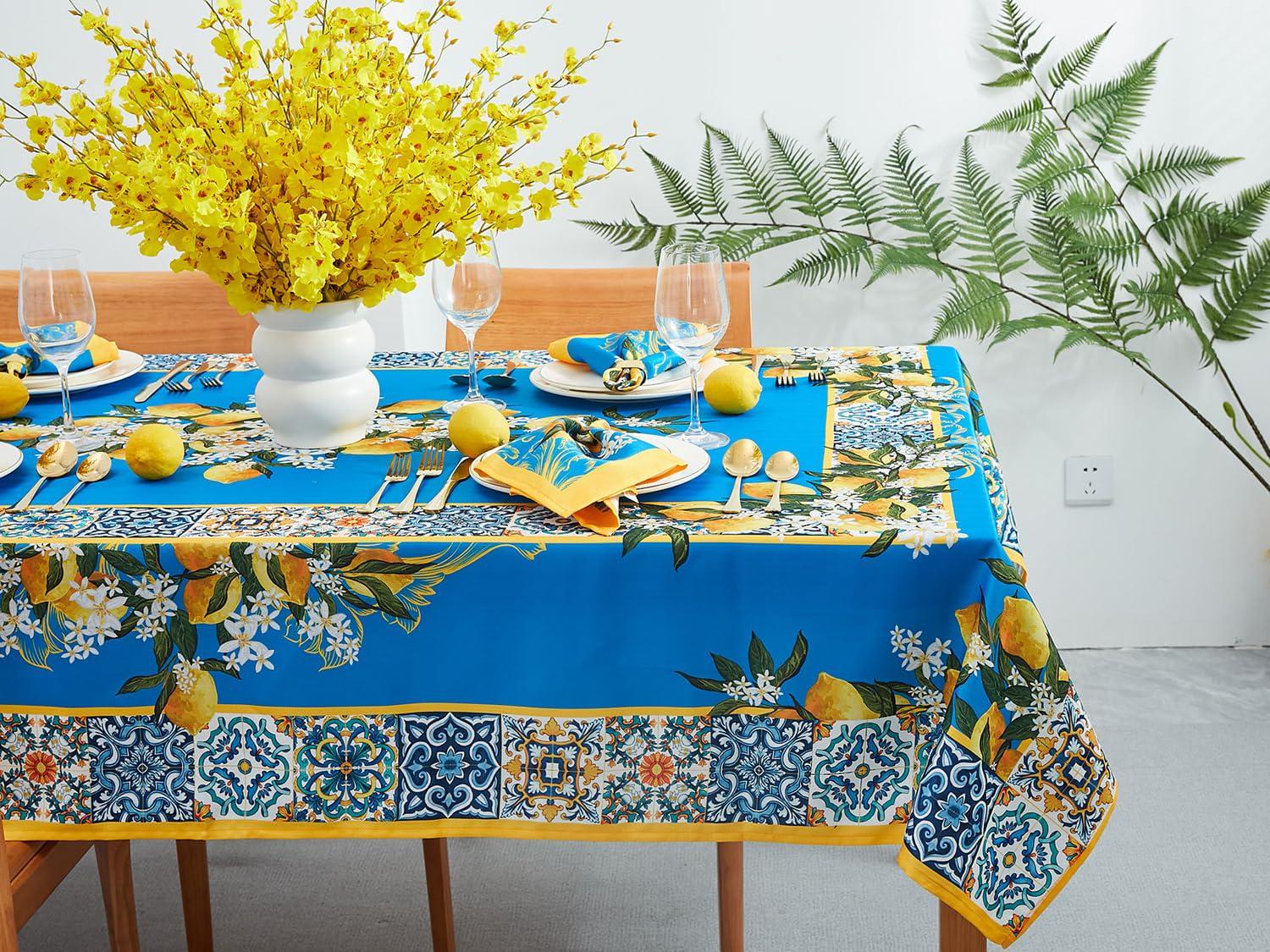 Provence Blue Lemon Tablecloth, Mediterranean Tile Pattern, 60x84 Inch Dining Decor