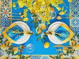 Provence Blue Lemon Tablecloth, Mediterranean Tile Pattern, 60x84 Inch Dining Decor