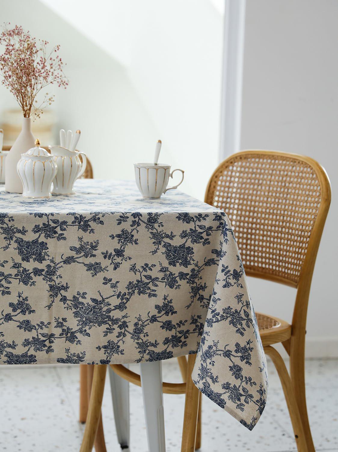 Dark Blue Floral Tablecloth, 52x70 Inch Polyester Dining Cover (Indoor Outdoor)