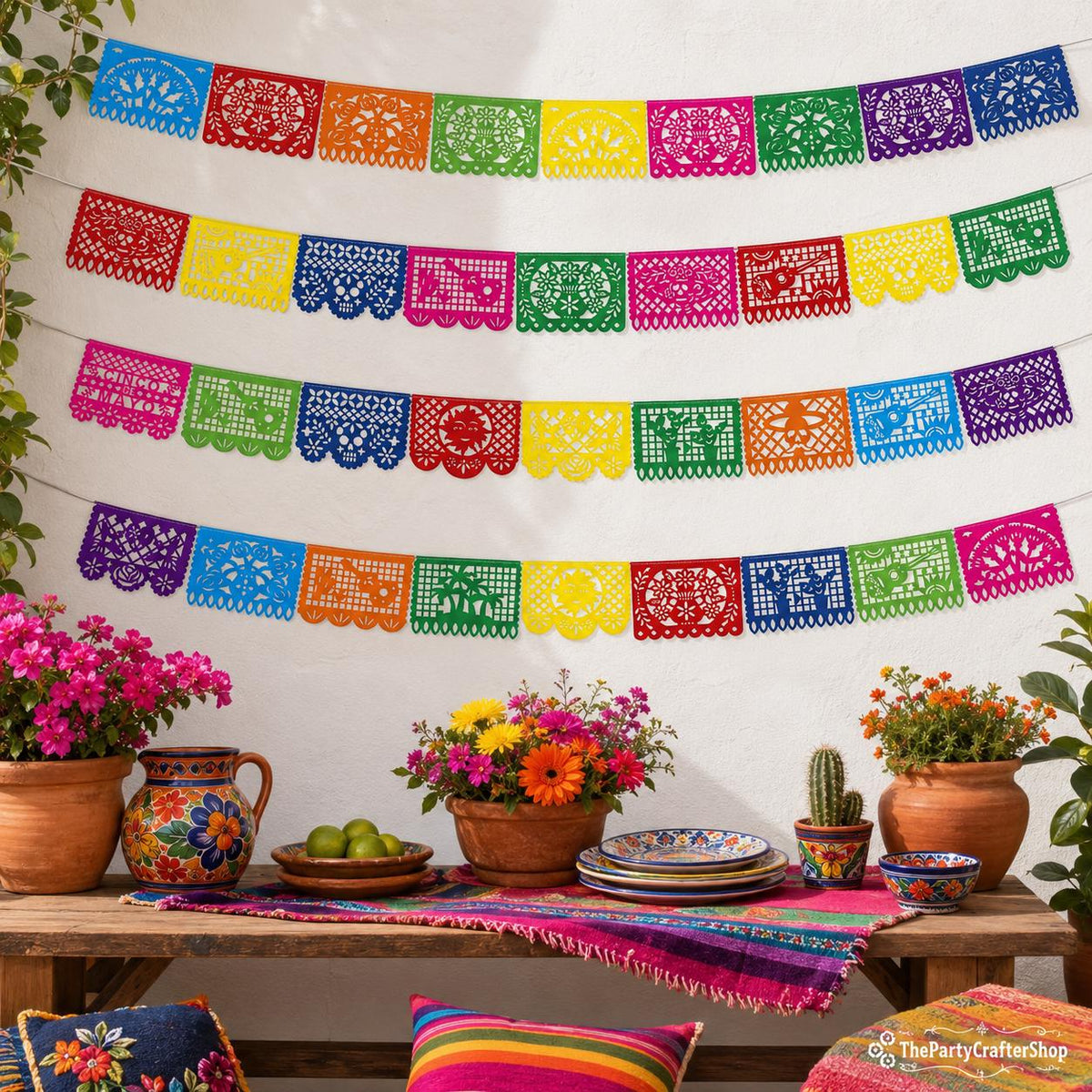 Fiesta Papel Picado Banner Set, 72FT Mexican Party Garland, Colorful Plastic Flags (4 Pack)