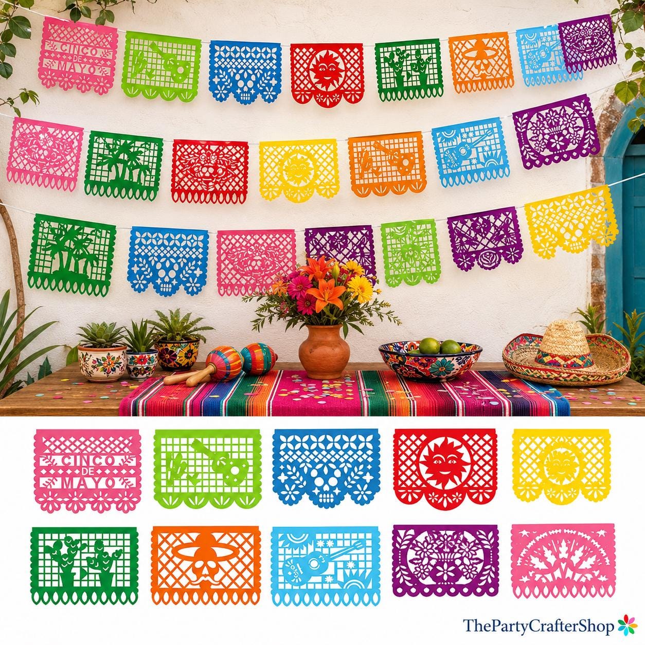 Papel Picado Banner Set, Mexican Fiesta Plastic Flags, Dia de los Muertos Decor