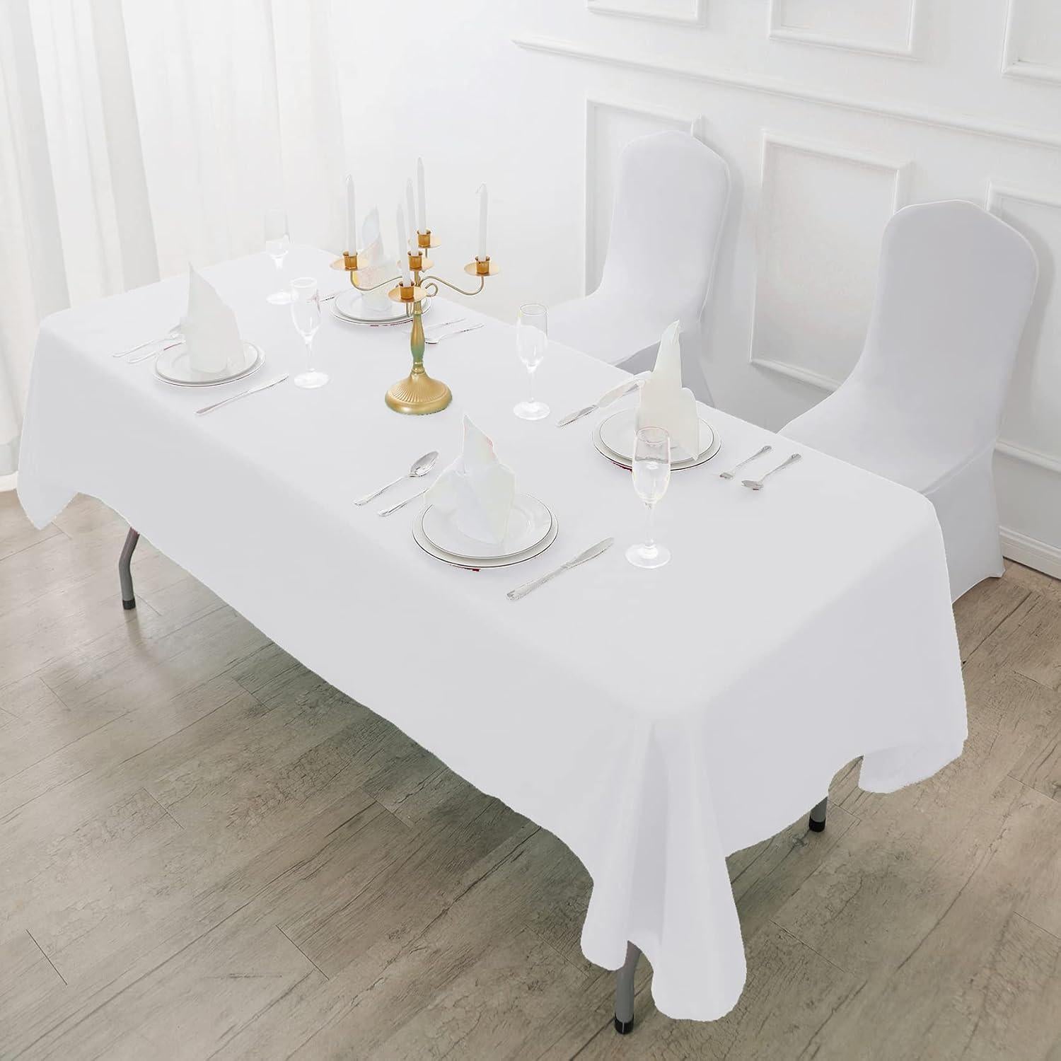 2 Pack White Polyester Tablecloth, Waterproof Wrinkle-Free Dining Cover (60x102 Inch)