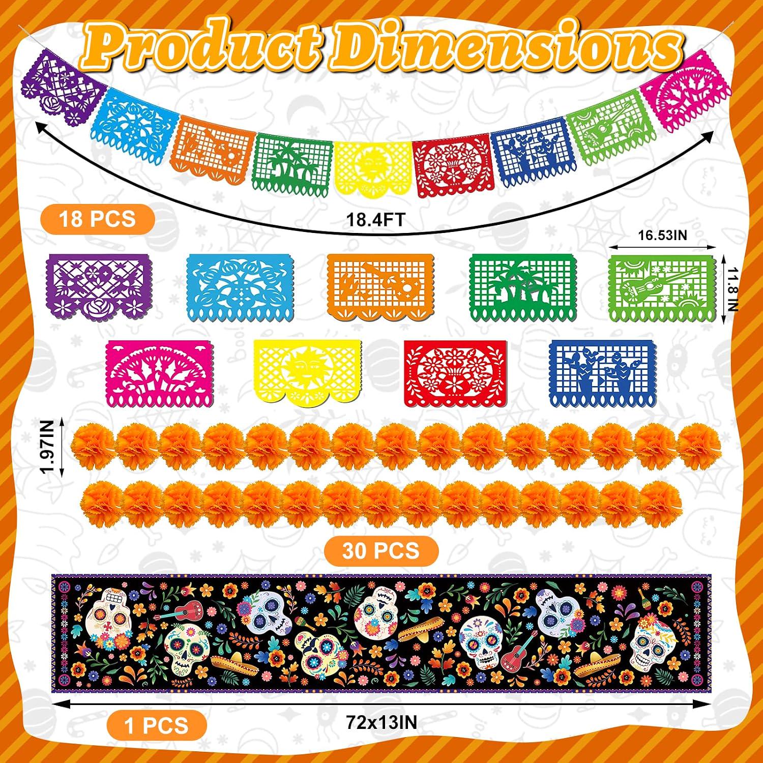 Mexican Fiesta Party Decor Set: Papel Picado Banners, Marigold Garland, Linen Table Runner