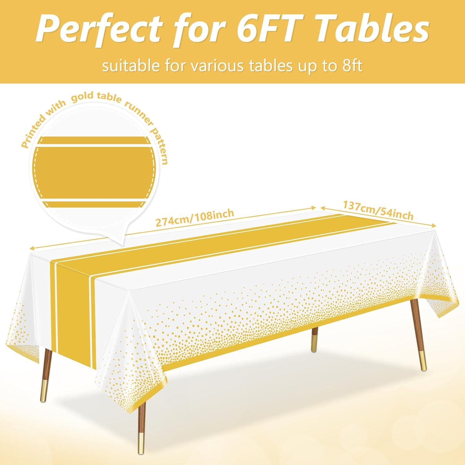 White Gold Polka Dot Tablecloth Set, Disposable Plastic Party Decor (2 Pack)