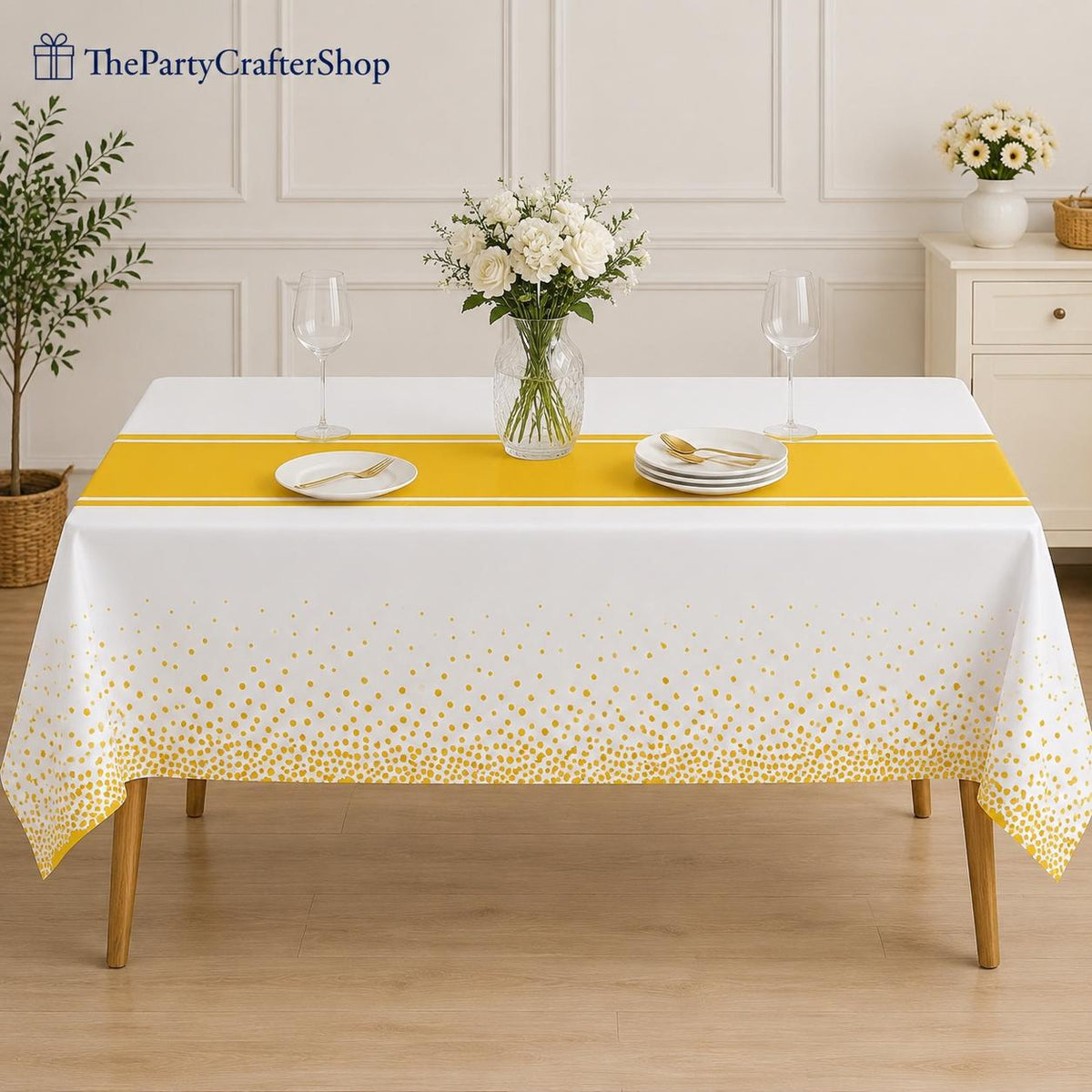 White Gold Polka Dot Tablecloth Set, Disposable Plastic Party Decor (2 Pack)