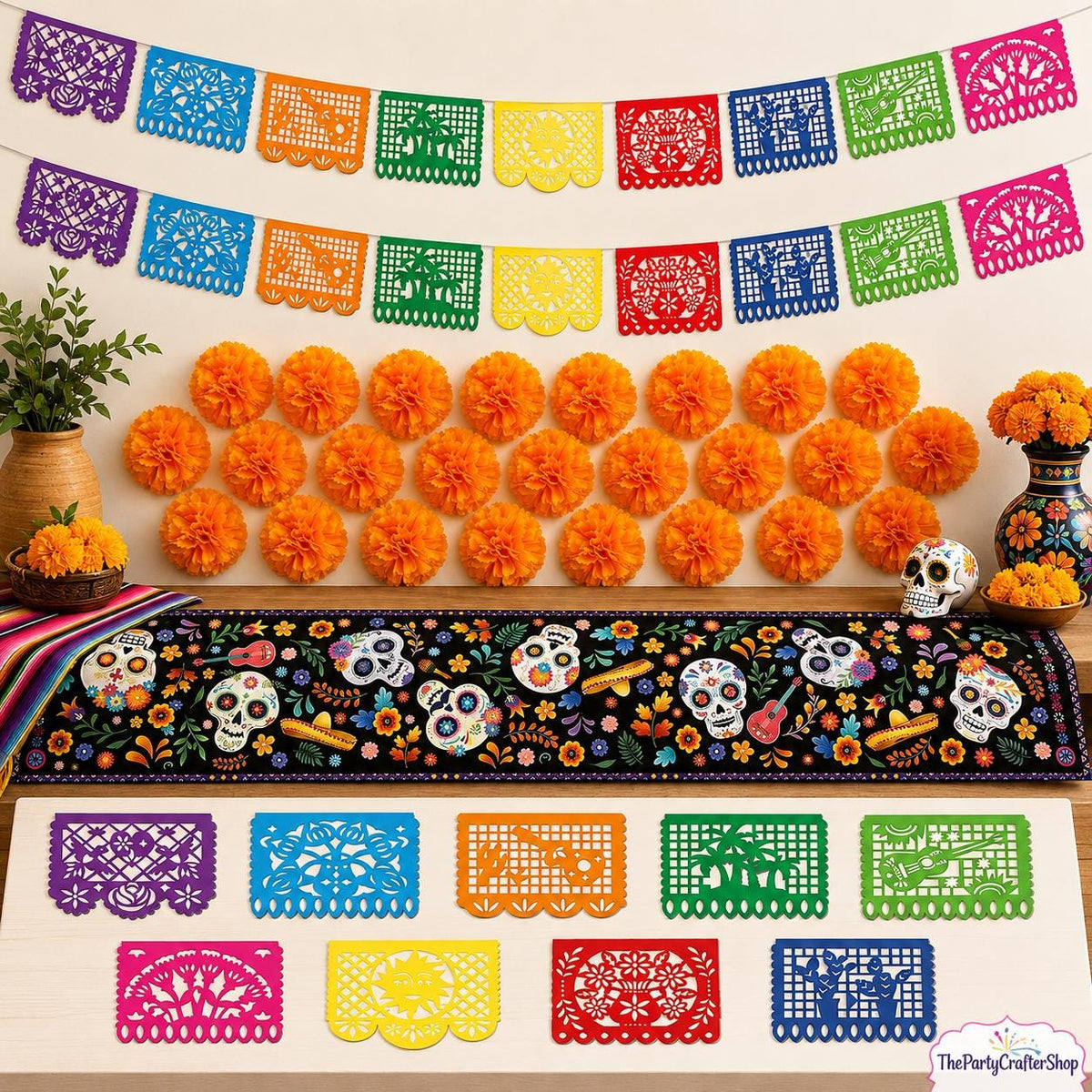 Mexican Fiesta Party Decor Set: Papel Picado Banners, Marigold Garland, Linen Table Runner