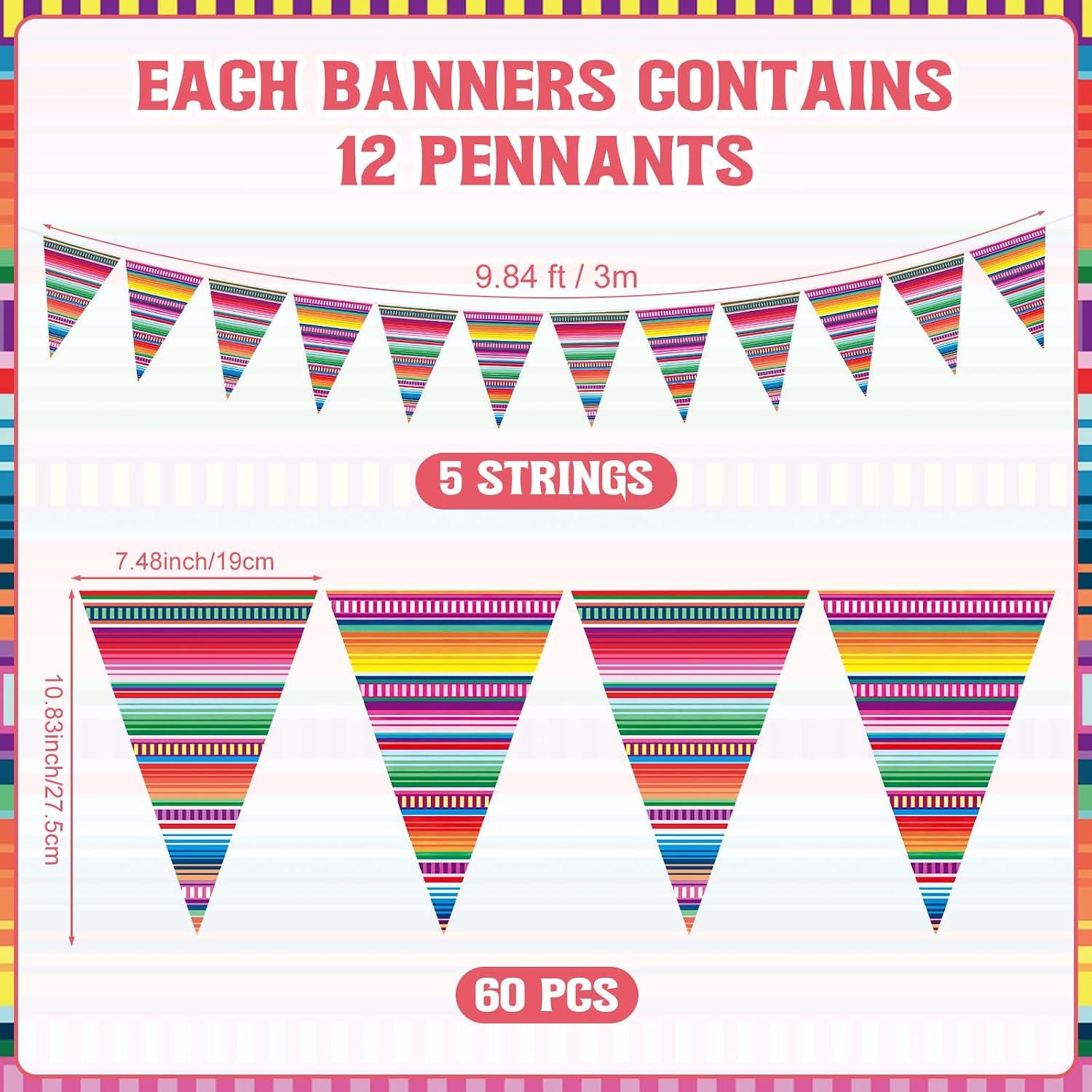 Mexican Fiesta Pennant Banner Set, Serape Pattern Garland (5 Pack)