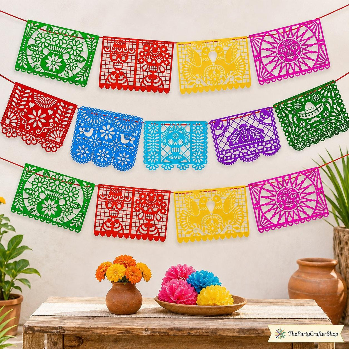 Mexican Felt Papel Picado Banner Set, Dia de los Muertos Party Decor (32.8FT)