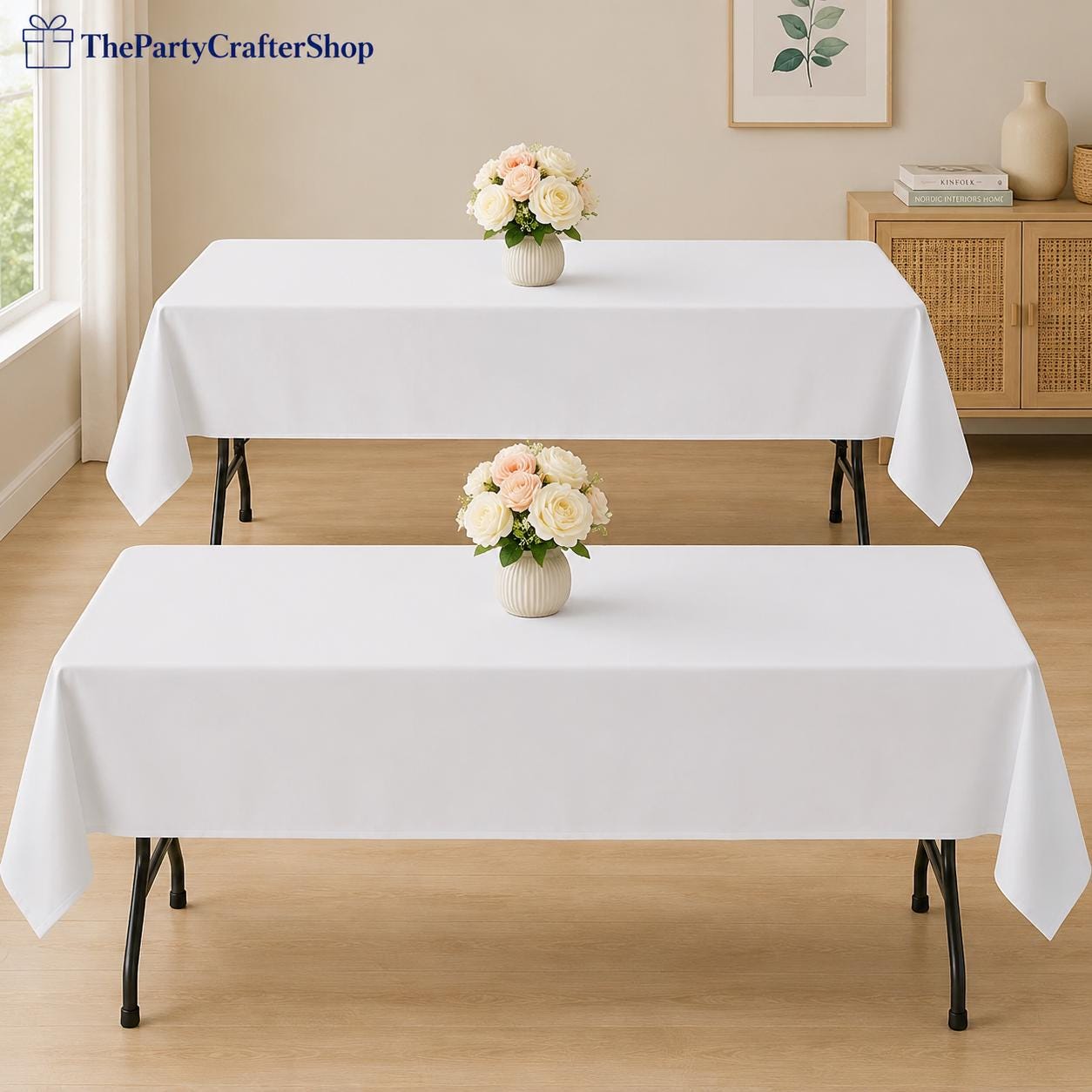 2-Pack White Polyester Tablecloths, 60x102 Inch Rectangle, Wedding Party Decor