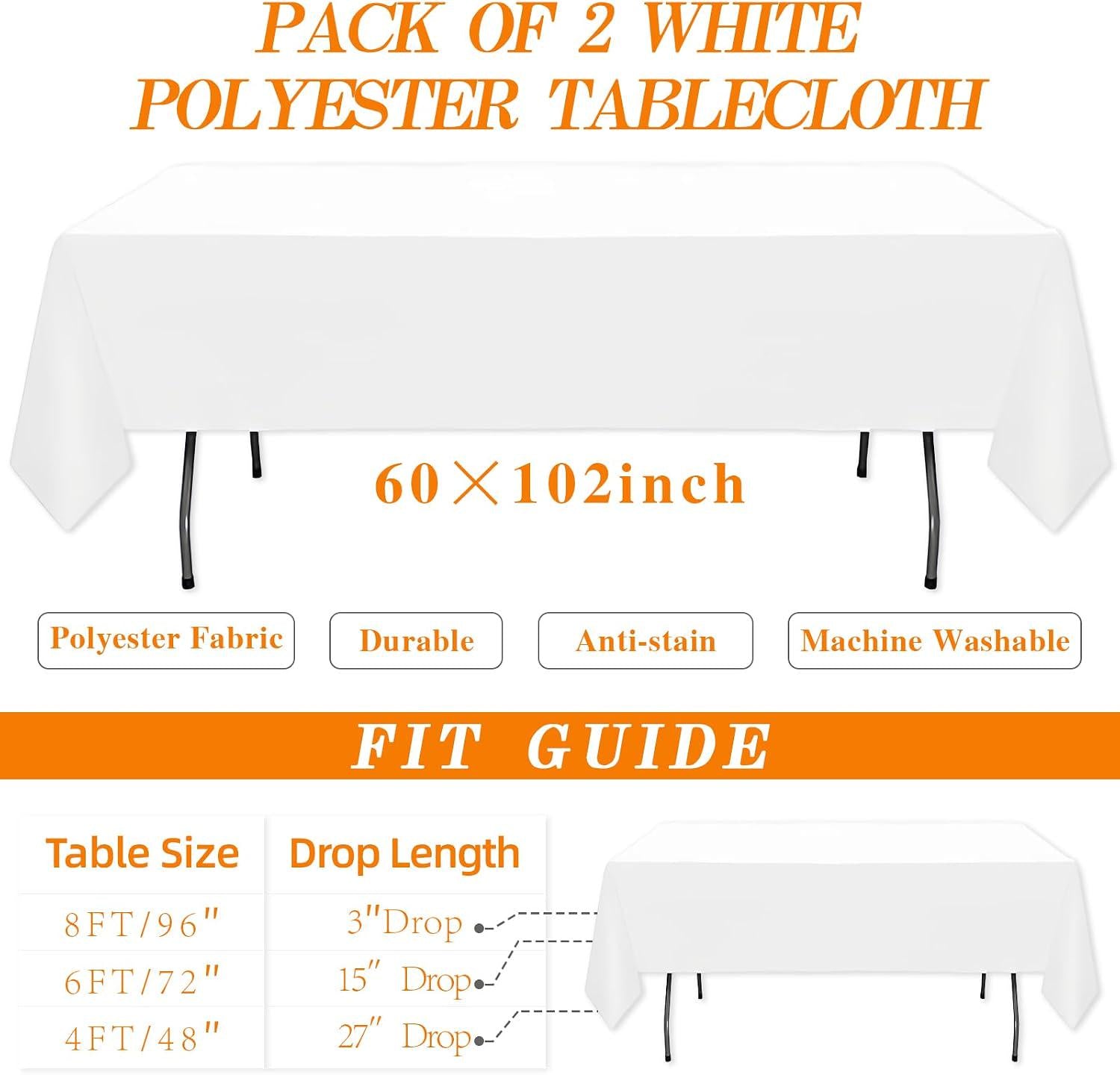 2-Pack White Polyester Tablecloths, 60x102 Inch Rectangle, Wedding Party Decor