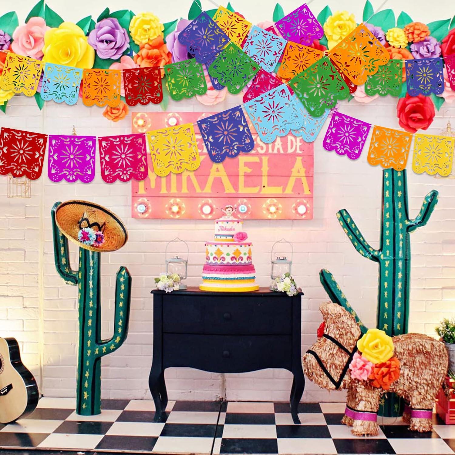 Mexican Felt Papel Picado Banner Set, Colorful Fiesta Garland (4 Pack)