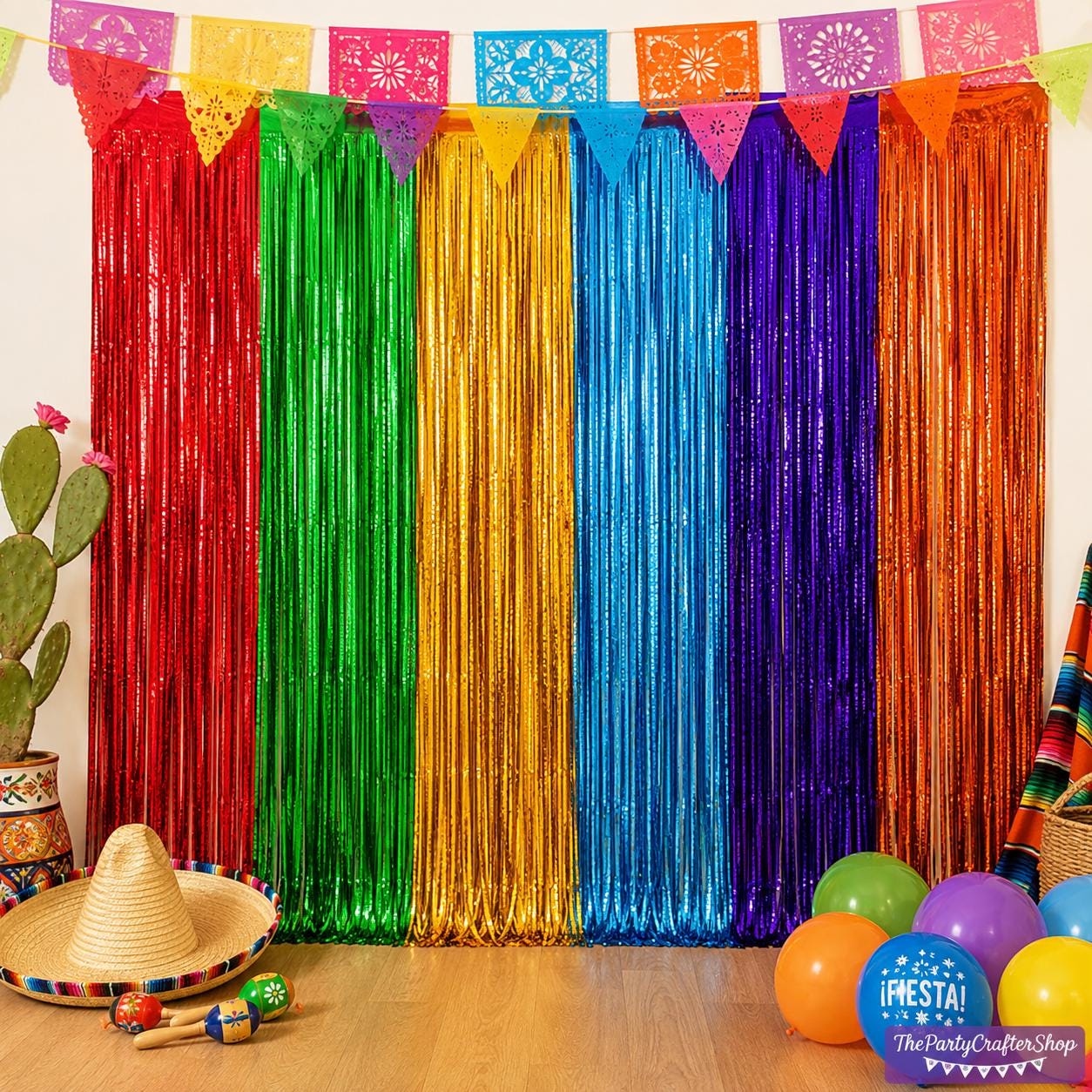 Mexican Fiesta Fringe Curtain Backdrop, 2-Pack Foil Party Decorations (3.28x6.56ft)